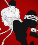  1boy bandana bara blood blood_on_face chain chained covered_mouth glaring hd189733b highres knee_up large_pectorals long_sideburns looking_at_viewer male_focus muscular muscular_male one_piece pectorals red_background roronoa_zoro short_hair sideburns sitting solo 