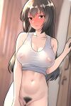  1girl alternate_costume ass_visible_through_thighs black_hair blush bottomless breasts brown_eyes covered_nipples cowboy_shot female_pubic_hair full-face_blush furaggu_(frag_0416) highres kantai_collection large_breasts long_hair nagato_(kancolle) pubic_hair solo standing tank_top very_long_hair white_tank_top 