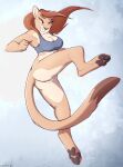 anthro bottomless breasts brown_body butt clothed clothing female genitals hair hi_res lizet looking_at_viewer pussy solo tail 