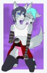  2_heads anthro arm_warmers armwear bottomwear bulge canid canine canis clothing conjoined damien_and_camille female girly hi_res male mammal multi_head skirt solo trans_(lore) trans_woman_(lore) unknown_artist upskirt wolf 