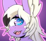  1_eye ambiguous_gender anthro big_eye blue_eyes fangs fur hair headshot_portrait highlights_(coloring) honky_kat made_in_abyss momochi_(honky_kat) narehate portrait purple_body purple_eyes purple_fur simple_background smile solo teeth whiskers white_hair 