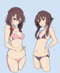  2girls absurdres bare_arms bare_shoulders bikini black_bikini blunt_bangs blush bow braid breasts brown_hair cleavage closed_mouth collarbone commentary cowboy_shot crown_braid curvy frown furrowed_brow groin hair_between_eyes hair_bow hand_on_own_hip highres kono_subarashii_sekai_ni_shukufuku_wo! light_blue_background long_hair looking_at_another medium_breasts megumin multiple_girls navel noyama_takenoko open_mouth pink_bikini red_bow red_eyes short_hair short_hair_with_long_locks sidelocks simple_background small_breasts standing steepled_fingers strapless strapless_bikini sweatdrop swimsuit v-shaped_eyebrows yunyun_(konosuba) 