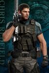  1boy arm_hair assault_rifle belt black_gloves black_hair brown_pants bulletproof_vest chris_redfield clenched_hand closed_mouth gloves green_background green_shirt green_sleeves gun holding holding_weapon holster muscular official_art pants resident_evil resident_evil:_death_island rifle shirt short_hair short_sleeves simple_background solo standing thigh_holster weapon 