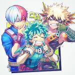  3boys ^_^ anger_vein angry bakugou_katsuki belt belt_pouch black_mask black_shirt black_sleeves blank_eyes blonde_hair blue_eyes blue_jacket boku_no_hero_academia bracer burn_scar closed_eyes closed_mouth collarbone collared_jacket commentary detached_sleeves elbow_gloves eye_mask flying_sweatdrops freckles gauntlets gloves green_belt green_gloves green_hair green_jumpsuit grey_eyes grin hair_between_eyes hand_on_own_face hand_up hands_up heterochromia highres index_finger_raised jacket jumpsuit looking_at_another male_focus mask mecyo_(mamezurushiki) midoriya_izuku mouth_pull multicolored_hair multiple_boys pectorals pouch raised_eyebrows red_belt red_hair scar scar_on_face shirt short_hair simple_background sleeveless sleeveless_shirt sleeves_past_elbows smile spiked_hair split-color_hair symbol-only_commentary teeth todoroki_shouto trembling two-tone_gloves two-tone_hair v-neck v-shaped_eyebrows white_background white_gloves white_hair 