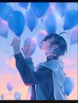  1boy absurdres ahoge balloon black_hair black_jacket blurry blurry_background cape closed_eyes closed_mouth danganronpa_(series) danganronpa_v3:_killing_harmony dated day facing_up hands_up happy_birthday highres jacket male_focus outdoors profile saihara_shuichi short_hair striped striped_jacket urami0310 white_cape 