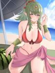  1girl absurdres adjusting_hair anklet beach beach_umbrella bikini bracelet breasts fire_emblem fire_emblem_awakening fire_emblem_heroes gold_choker green_eyes green_hair hair_ribbon high_ponytail highres jewelry large_breasts looking_at_viewer official_alternate_costume outdoors parted_lips peli_cantaro pink_scarf pointy_ears ponytail red_bikini red_ribbon ribbon scarf seiza sitting smile solo swimsuit teeth tiara tiki_(adult)_(fire_emblem) tiki_(adult)_(summer)_(fire_emblem) tiki_(fire_emblem) umbrella watermark 