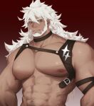  1boy abs absurdres alchemy_stars arms_at_sides bara bare_pectorals beard chest_harness cropped dark-skinned_male dark_skin facial_hair gram_(alchemy_stars) harness highres huge_pectorals kotakun long_hair looking_at_viewer male_focus mature_male muscular muscular_male navel navel_hair nipples pectorals solo stomach thick_eyebrows third-party_edit tsurime upper_body white_hair yellow_eyes 