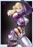  1girl absurdres arms_up between_breasts black_gloves blonde_hair blue_eyes bodysuit breasts chest_harness clothing_cutout contrapposto gloves grey_bodysuit harness highres holster knife_sheath kyuuakaku multicolored_bodysuit multicolored_clothes nina_williams parted_bangs ponytail purple_bodysuit sheath shoulder_cutout skin_tight solo tekken thigh_holster 