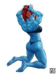  absurd_res animal_humanoid anthro blue_body blue_skin bra butt clothed clothing feet female fin fish fish_humanoid gills hair head_fin hi_res humanoid humanoid_feet jamrolypoly kneeling marine marine_humanoid muscular muscular_humanoid plantigrade ponytail rear_view red_hair scar simple_background skimpy solo thong undertale_(series) underwear undyne white_background 