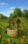  blue_sky cloud food irbeus no_humans original outdoors pumpkin scenery signature sky tree watermark well 