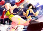  2girls ass belt beret black_hair blonde_hair blue_eyes bodypaint bodysuit boots braid breasts cammy_white claw_(weapon) claws covered_nipples fingerless_gloves gloves green_leotard hat highleg highleg_leotard kicking large_breasts laura_kinney leotard long_hair marvel marvel_vs._capcom multiple_girls okazuwa_shake open_mouth scar scar_on_face sideboob street_fighter superhero thigh_strap thighs twin_braids weapon x-23 yellow_bodysuit 