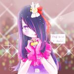  1girl :p cosplay dress gloves hair_ornament heart heart_hands hoshino_ai_(oshi_no_ko) hoshino_ai_(oshi_no_ko)_(cosplay) idol little_witch_academia long_hair looking_at_viewer oshi_no_ko pink_dress pink_gloves purple_eyes purple_hair rabbit_hair_ornament russian_text shiro0909 solo sparkle star-shaped_pupils star_(symbol) star_hair_ornament star_in_eye sucy_manbavaran symbol-shaped_pupils symbol_in_eye tongue tongue_out upper_body 