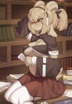  absurd_res anthro blush book bovid breasts brown_body brown_fur brown_hair caprine clothed clothing eyewear female fur glasses hair hi_res horn legwear library mammal red_eyes sitting solo stockings zinfyu 