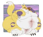  ambiguous_gender anthro bandai_namco belly belly_rolls big_belly bodily_fluids cellulite digimon digimon_(species) eating haradoshin love_handles messy moobs morbidly_obese navel obese overweight renamon sweat swollen_belly thick_thighs 