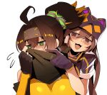  2girls :3 ahoge blush brown_eyes brown_hair covering_face duel_monster fingerless_gloves forehead_protector gloves green_eyes hand_up hat high_ponytail highres i:p_masquerena long_hair multiple_girls open_mouth pointing ponytail purple_eyes ro_g_(oowack) s-force_rappa_chiyomaru s:p_little_night scarf scarf_over_mouth short_sleeves simple_background smile white_background yu-gi-oh! 