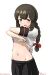  1girl black_hair black_sailor_collar black_skirt braid brown_eyes clothes_lift dated groin hair_between_eyes isonami_(kancolle) isonami_kai_ni_(kancolle) kantai_collection lifted_by_self long_hair low_twintails navel one-hour_drawing_challenge pleated_skirt ray.s sailor_collar school_uniform serafuku shirt_lift sidelocks simple_background skirt solo twin_braids twintails twitter_username undressing white_background 