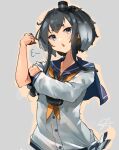  1girl =3 black_hair blue_sailor_collar bras_d&#039;honneur dress front-tie_top grey_background grey_eyes grey_hair highres kantai_collection long_sleeves looking_at_viewer multicolored_hair neckerchief outline parted_lips sailor_collar sailor_dress short_hair_with_long_locks simple_background solo sunday_aki tokitsukaze_(kancolle) white_dress 