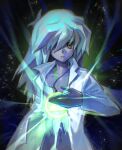  1boy bakura_ryou black_background chromatic_aberration commentary_request expressionless glowing_jewelry grey_eyes hair_between_eyes hair_over_one_eye highres jewelry long_bangs long_hair long_sleeves looking_at_viewer male_focus millennium_ring necklace open_clothes open_shirt parted_lips rainbow saltedfishxuan shirt solo upper_body white_hair white_shirt yu-gi-oh! yu-gi-oh!_duel_monsters 
