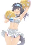  1girl absurdres ajoe_(hakuha_k) animal_ears arm_up armpits bare_arms bare_shoulders black_hair blue_archive blue_eyes blush breasts cheerleader cowboy_shot crop_top dog_ears dog_girl dog_tail eyewear_on_head goggles goggles_on_head halo hibiki_(blue_archive) hibiki_(cheer_squad)_(blue_archive) highres holding holding_pom_poms long_hair looking_at_viewer millennium_cheerleader_outfit_(blue_archive) navel official_alternate_costume pom_pom_(cheerleading) skirt solo standing stomach tail white_background white_skirt yellow_halo 