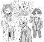  4boys ahoge aorta_(kyouki_yori_ai_o_komete) arakawa_shuuji closed_eyes dark-skinned_male dark_skin glasses greyscale hair_over_one_eye highres kyouki_yori_ai_o_komete lab_coat looking_at_viewer male_focus mnmn0406 mole mole_under_mouth monochrome multiple_boys one_eye_covered saeki_yuusuke seahorse_hair_ornament short_hair tamura_marshmallow translation_request 