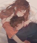 1boy 1girl artem_wing_(tears_of_themis) bed black_shirt brown_hair closed_eyes closed_mouth earrings english_commentary from_above highres hug jewelry long_hair long_sleeves lying maybisu nail_polish on_back on_side orange_shirt red_nails rosa_(tears_of_themis) shirt short_hair short_sleeves sleeping tears_of_themis 
