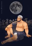  1boy bara bare_pectorals bead_bracelet beads beard black_background blush bracelet bulge daisukebear dark-skinned_male dark_skin facial_hair from_side full_body full_moon fundoshi gradient_hair grey_hair hadanugi_dousa hand_on_floor japanese_clothes jewelry large_pectorals looking_ahead male_focus male_underwear mature_male moon multicolored_hair muscular muscular_male nipples nose_blush original pectorals see-through short_hair sitting slippers solo stomach thick_eyebrows thighs underwear wet wet_clothes wet_fundoshi wet_male_underwear white_male_underwear 