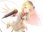  1girl absurdres ahoge black_thighhighs blonde_hair brown_dress dress hair_ornament hair_ribbon highres hinatan_(hinatan_krnk) holding holding_microphone hololive hololive_dev_is jacket long_hair looking_at_viewer microphone musical_note musical_note_hair_ornament open_mouth otonose_kanade red_ribbon ribbon smile solo thighhighs virtual_youtuber white_background white_jacket yellow_eyes 