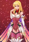  1girl absurdres alternate_costume bare_shoulders blonde_hair boots breasts cape cecilia_(fire_emblem) cecilia_(fire_emblem)_(cosplay) cecilia_(resplendent)_(fire_emblem) cleavage commission cosplay covered_navel dress elbow_gloves falling_petals fire_emblem fire_emblem:_genealogy_of_the_holy_war fire_emblem:_the_binding_blade fire_emblem_heroes flower full_body garter_straps gloves gold_trim gradient_clothes hand_on_own_face hazuki_(nyorosuke) high_heel_boots high_heels highres lachesis_(fire_emblem) long_hair looking_at_viewer medium_breasts overskirt pelvic_curtain petals plant red_background short_dress simple_background skeb_commission sleeveless smile solo standing thigh_boots thorns vines yellow_eyes 