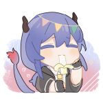  1girl arknights banana blush ch&#039;en_(arknights) chibi closed_eyes dragon_girl dragon_horns dragon_tail eating food food_in_mouth fruit horns ice_cream kuafunvkai long_hair purple_hair simple_background solo tail 