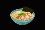  black_background bowl donald0nikuniku egg food food_focus meat no_humans noodles nori_(seaweed) original ramen simple_background still_life 