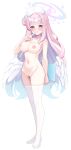  1girl :o absurdres bar_censor blue_archive breasts censored collarbone fukemachi full_body halo hat highres large_breasts long_hair looking_at_viewer low_wings mika_(blue_archive) nipples nude nurse nurse_cap pink_hair pink_halo solo standing thighhighs white_headwear white_thighhighs white_wings wings yellow_eyes 