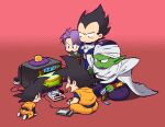  5boys black_hair dragon_ball dragon_ball_z father_and_son game_console multiple_boys namekian no_alert2038 on_floor piccolo playing_games red_background simple_background sitting son_gohan son_goku television trunks_(dragon_ball) vegeta 