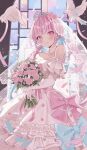  1girl alternate_costume bare_shoulders bird bouquet bridal_veil bride dove dress flower gloves highres holding holding_bouquet hololive jewelry looking_at_viewer minato_aqua necklace pearl_necklace pink_eyes pink_hair solo strapless strapless_dress tiara veil virtual_youtuber wedding_dress white_dress white_gloves yuzuriha_(nx_e78) 