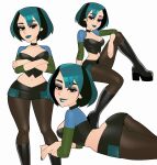  1girl aqua_hair aqua_lips black_choker black_footwear black_pantyhose boots breasts choker cleavage commentary crossed_arms gwen_(total_drama) highres large_breasts loodncrood looking_at_viewer midriff multiple_views navel pantyhose simple_background total_drama white_background 