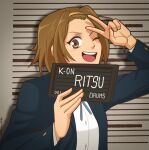  1girl ;d absurdres barbie_(live_action) barbie_mugshot_(meme) blazer blue_jacket blue_ribbon brown_eyes brown_hair character_name collared_shirt commentary copyright_name english_commentary forehead hairband highres holding holding_sign jacket k-on! long_sleeves looking_at_viewer meme mugshot neck_ribbon one_eye_closed open_mouth ribbon sakuragaoka_high_school_uniform school_uniform shirt short_hair sign smile solo tainaka_ritsu teeth upper_body upper_teeth_only v white_shirt winter_uniform yellow_hairband yellow_nicky 