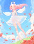  1girl angel angel_wings arms_behind_back bare_shoulders barefoot blue_sky breasts cloud dress floating_hair flower full_body halo highres long_hair looking_at_viewer orange_eyes original outdoors petals pink_hair see-through see-through_dress sky small_breasts smile wangyq white_dress white_wings wind wings 