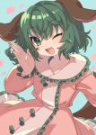  1girl absurdres animal_ears aqua_background blush dog_ears dog_tail dress e_sdss fingernails frilled_sleeves frills green_eyes green_hair hair_between_eyes highres kasodani_kyouko long_sleeves looking_at_viewer one_eye_closed open_mouth pink_dress short_hair smile solo tail touhou 