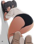  1girl all_fours ass bad_leg black_buruma black_hair breasts brown_eyes brown_footwear buruma hadashi_no_kenji medium_breasts shirt short_sleeves socks solo twintails white_background white_shirt white_socks 