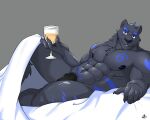  2019 abs alcohol anthro arm_markings bed bed_covers bedding beverage biceps black_body black_fur black_nipples black_penis blackclown00 blue_hair blue_markings champagne chest_markings claws container crotch_markings cup eye_markings felid finger_claws fur furniture genitals glass glass_container glass_cup hair hip_markings leg_markings looking_at_viewer lying male mammal markings muscular muscular_anthro muscular_male navel nipples noxx on_bed on_side pantherine pecs penis shoulder_markings signature solo white_sheet 