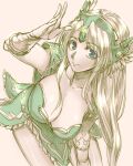  1girl blonde_hair blue_eyes breasts bridal_gauntlets cleavage closed_mouth dress fuji_coon helmet highres large_breasts long_hair looking_at_viewer riesz seiken_densetsu seiken_densetsu_3 simple_background smile solo very_long_hair winged_helmet 