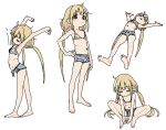  1girl absurdres barefoot belly blonde_hair blush brown_eyes closed_eyes expressionless flat_chest full_body futaba_anzu highres idolmaster idolmaster_cinderella_girls imamura_ryou long_hair low_twintails multiple_views simple_background sitting sketch stretching swimsuit twintails white_background 