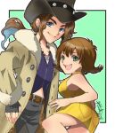  1boy 1girl ass belt breasts brown_hair closed_mouth collarbone endou_soruto final_fantasy final_fantasy_viii fingerless_gloves flipped_hair gloves green_eyes hat irvine_kinneas jewelry looking_at_viewer necklace open_mouth selphie_tilmitt short_hair smile 