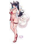  1girl ahri_(league_of_legends) animal_ears bikini black_hair blue_eyes breasts choker cian_yo cup drinking_glass energy_ball facial_mark food fox_ears fox_girl fox_tail fruit high_heels large_breasts league_of_legends lemon lemon_slice lipstick makeup multiple_tails ponytail red_bikini red_choker swimsuit tail thick_thighs thigh_strap thighs whisker_markings white_background 