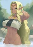  1girl arm_tattoo blonde_hair blue_sky breasts closed_mouth dark-skinned_female dark_skin day fantia_username green_eyes groin jewelry large_breasts long_hair looking_at_viewer navel necklace outdoors partially_submerged patreon_username pointy_ears putcher sky smile solo sonia_(zelda) stomach tattoo the_legend_of_zelda the_legend_of_zelda:_tears_of_the_kingdom tiara underboob water wet 