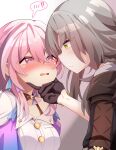  2girls black_gloves black_jacket blush closed_mouth collarbone eye_contact gloves grey_hair hair_between_eyes hand_on_another&#039;s_chin highres honkai:_star_rail honkai_(series) jacket long_hair looking_at_another march_7th_(honkai:_star_rail) multiple_girls nose_blush open_mouth pink_eyes pink_hair rustysalmon shirt speech_bubble spoken_blush stelle_(honkai:_star_rail) trailblazer_(honkai:_star_rail) white_shirt yellow_eyes yuri 