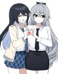  2girls alternate_costume black_hair black_headwear black_necktie black_skirt blue_necktie blue_skirt bronya_zaychik closed_eyes closed_mouth colored_inner_hair crossed_bangs drill_hair grey_hair hair_between_eyes heart heart_hands heart_hands_duo highres honkai_(series) honkai_impact_3rd light_smile lix_(iroiro3843) long_sleeves multicolored_hair multiple_girls necktie open_mouth ponytail seele_vollerei seele_vollerei_(herrscher_of_rebirth) simple_background skirt standing sweatdrop upper_body white_background white_sleeves yuri 