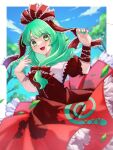  1girl bow brown_dress dress frilled_dress frilled_ribbon frills green_eyes green_hair highres kagiyama_hina komori_(komo_ricecake) long_hair open_mouth ponytail red_bow red_ribbon ribbon short_sleeves touhou 