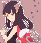  1girl animal_ears black_shirt brown_eyes cat_ears cat_tail cosplay dawn_(pokemon) diamond_ring glameow glameow_(cosplay) jewelry long_hair mirai_(rs-729201204113-lg) ornate_ring paw_print pokemon pokemon_(game) pokemon_dppt purple_background purple_hair ring scarf shirt sleeveless sleeveless_shirt solo tail 