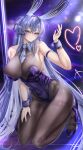  1girl :3 absurdly_long_hair absurdres animal_ears arm_strap azur_lane bare_shoulders black_pantyhose blue_eyes blue_hair blue_necktie blush bodystocking breasts cleavage closed_mouth collarbone commentary covered_navel detached_collar fake_animal_ears full_body hair_between_eyes hand_up headgear heart high_heels highres kneeling large_breasts leotard long_hair looking_at_viewer necktie new_jersey_(azur_lane) new_jersey_(exhilarating_steps!)_(azur_lane) official_alternate_costume pantyhose playboy_bunny pole purple_leotard rabbit_ears see-through see-through_cleavage shadow shiroyuki_(shiroyuki003) short_necktie sidelocks signature smile solo stage_lights strapless strapless_leotard stripper_pole very_long_hair wrist_cuffs 