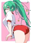  .live 1girl absurdres akari_ryuryuwa alternate_costume ass black-framed_eyewear blush border buruma commentary_request glasses green_eyes green_hair gym_uniform hair_between_eyes hair_ribbon highres kagura_suzu_(.live) leaning_forward long_hair outside_border pink_background ponytail red_buruma ribbon semi-rimless_eyewear shirt shirt_tug short_sleeves solo sportswear sweatdrop under-rim_eyewear very_long_hair virtual_youtuber white_border white_ribbon white_shirt 